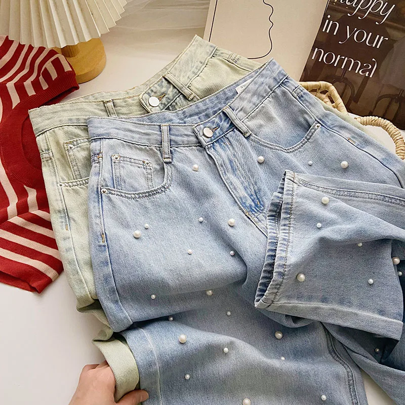 

Women's Denim Pants New Beading Designed Long Casual Zipper Fashion Y2K Female Solid Color Loose All-Match Streetwear Pants