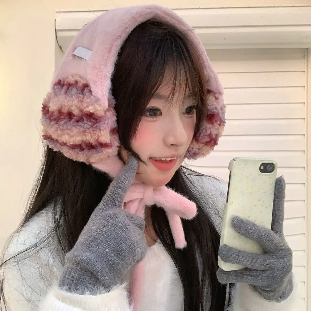 Trendy Contrast Color Striped Earmuffs Winter Plush Warm Ear Covers Thickened Soft Windproof For Women Daily Wear