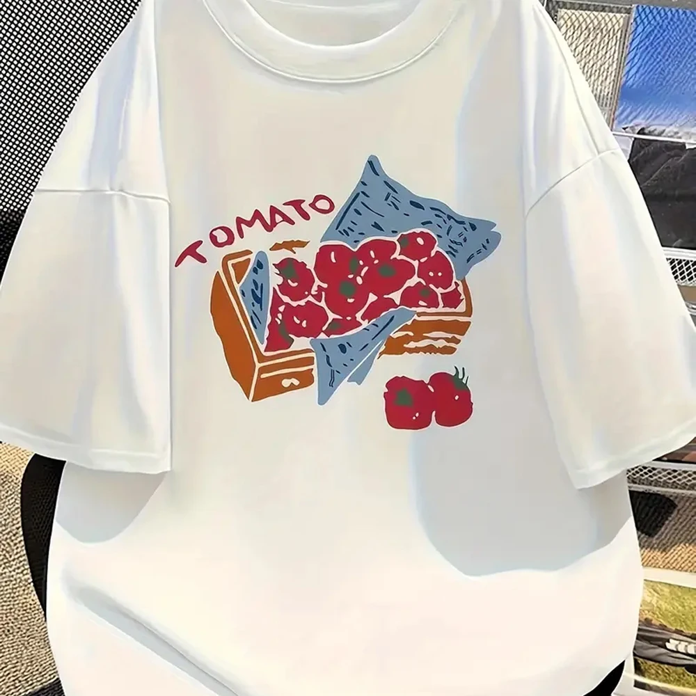 

Women's Casual Short Sleeve T-Shirt - Playful Tomato & Cherry Tomato Print Soft Breathable Relaxed Fit Summer Tee