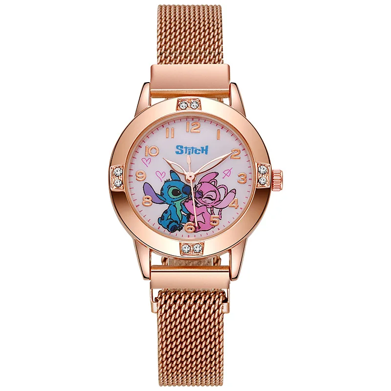 Cartoon Diamond Stitch Watches Girls Women Kawaii Hello Kitty Children Watch Ladies Gold Sliver Metal Jewelry Magnetic Clock