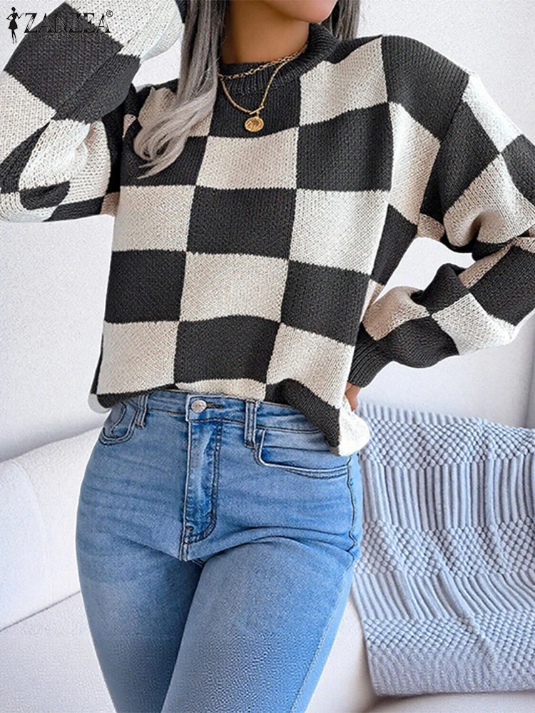 

ZANZEA 2022, женские модные свитера, зимние клетчатые джемперы, осенние повседневные свободные пуловеры с длинными рукавами, элегантный офисный уличный топ