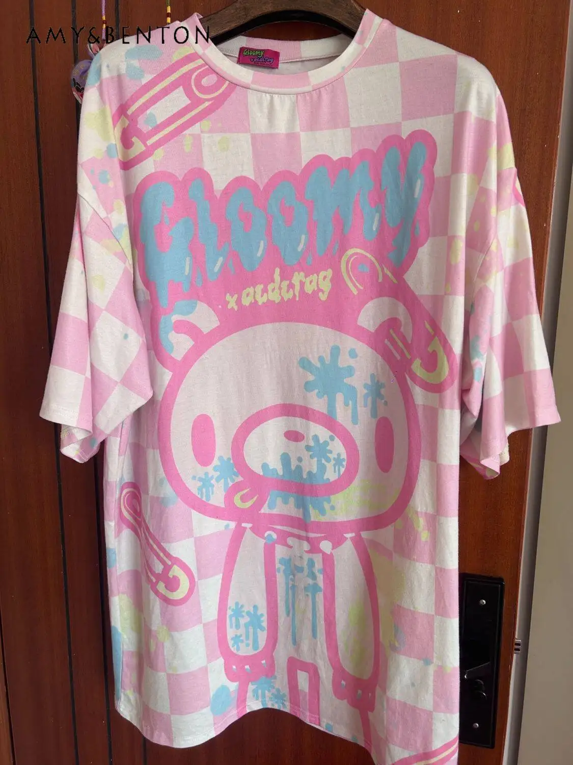 

Japanese Subculture Pink and White Splicing Cartoon Printing Short-sleeved Loose Oversized T Shirt Summer Goth Hot Girl Y2K Tops
