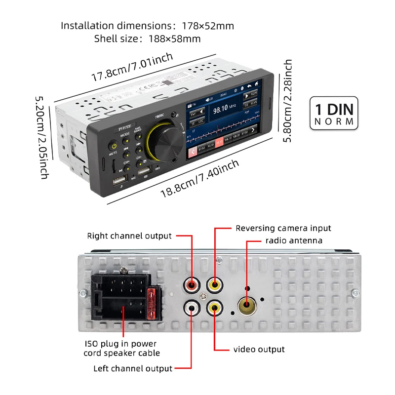 Touch Screen Car Radio, MP5 Player, Bluetooth, Hands Free, Audio, USB, TF, 7 Colors Lighting, Stereo System, Head Unit, 7805C