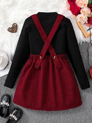 Girl Autumn Fashion Strap Skirt Set 2-piece - Black Knitted Round Neck Long Sleeve+Red Thousand Bird Plaid Shoulder Skirt