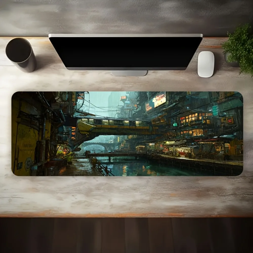 Tapis de souris à motif de rue et de canal de ville cyberpunk sous la pluie, doux et durable, avec un design élégant et magnifique