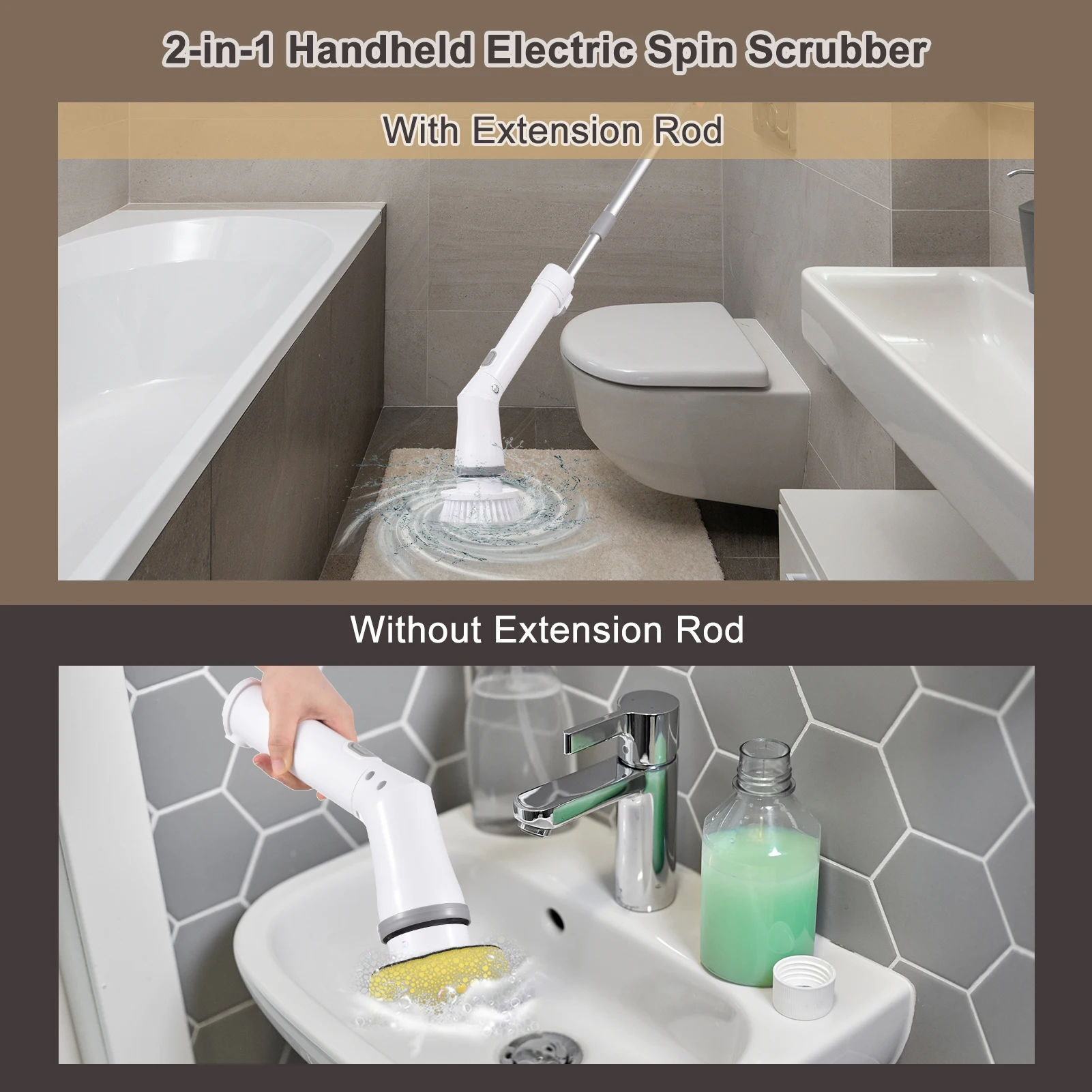 Electric Cleaning Brush Spin Scrubber Handheld Cordless 2 Speeds with Extension Rod for Bathroom Bathtub Toilet Wall Tile Floor