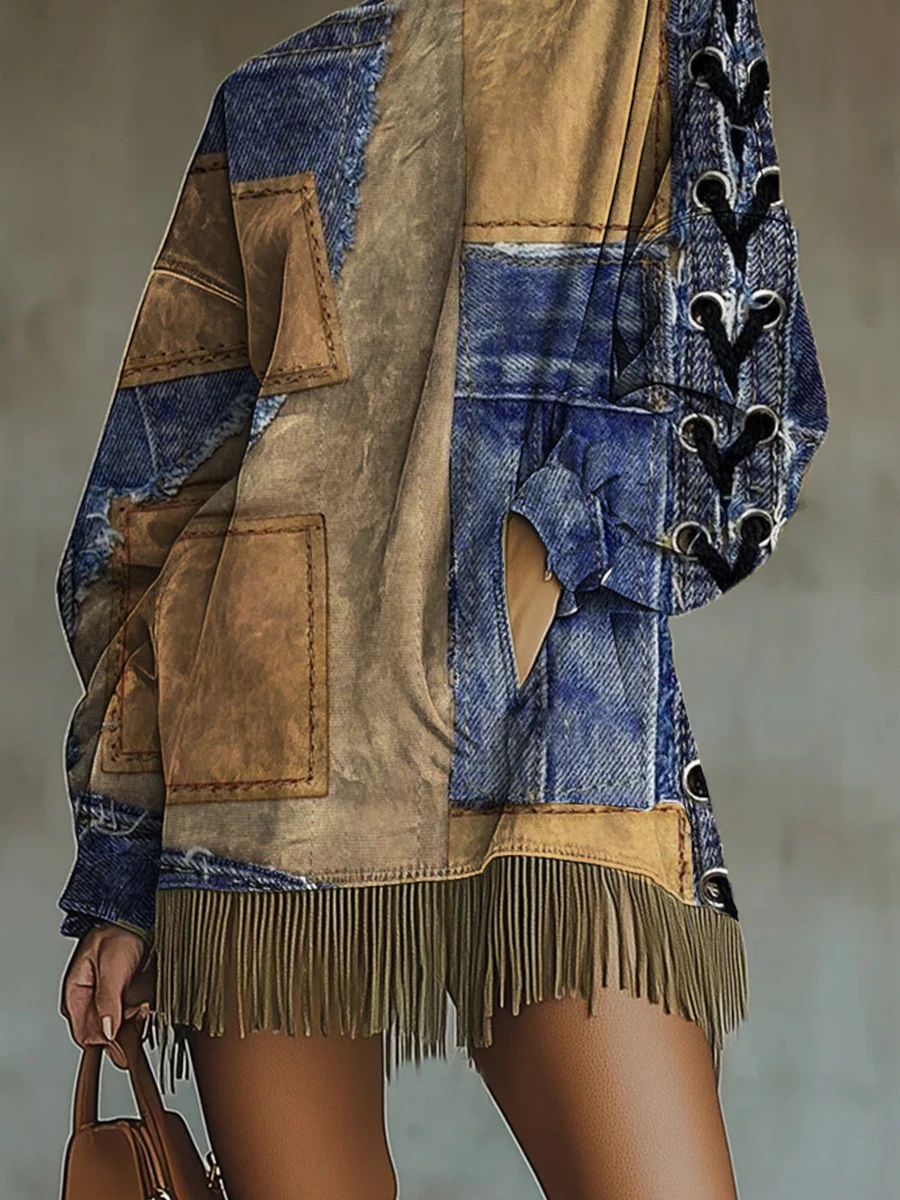 Contrast Print Tassel Mini Dress for Women Long Sleeves High Neck Pockets Fringe Hem Dress Spring Elegant Sweatshirt Dresses - view 3