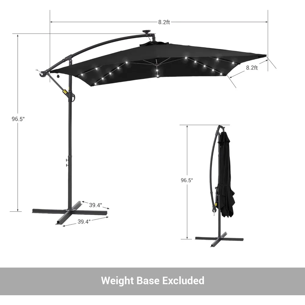 مظلة فناء بإزاحة LED تعمل بالطاقة الشمسية بطول 8.2 × 8.2 قدم، مظلة ناتئة مضاءة 32 مصباحًا مع مظلات معلقة بقاعدة إمالة ومتقاطعة للحديقة #2