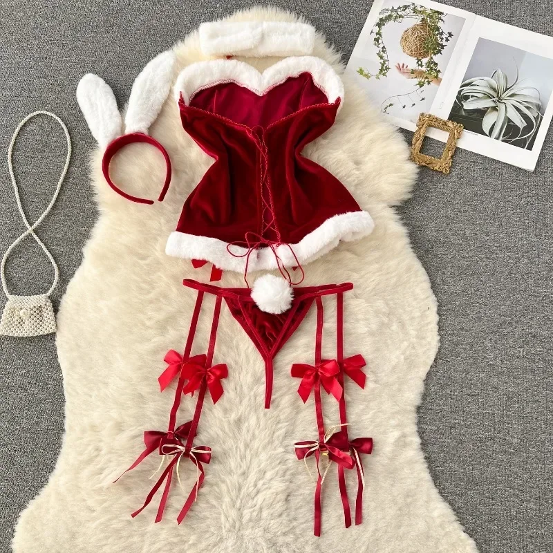 Sweet Red Bunny Lingerie Underwear Set Women Sexy Soft Plush Cute Bowknot Sweet Nightgowns Christmas Rabbit Cosplay Costumes New image 2