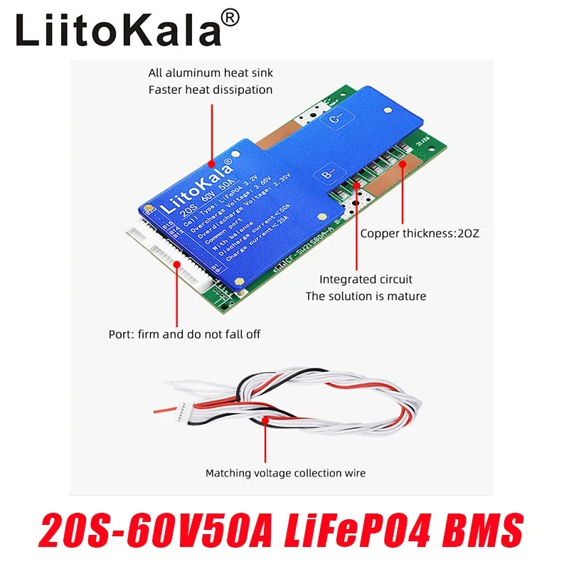 

LIitoKala 20S-60V50A-BMS LiF4PO4 Battery Protection Board BMS with balance 64V Lithium Iron Phosphate 18650 LiFePO4