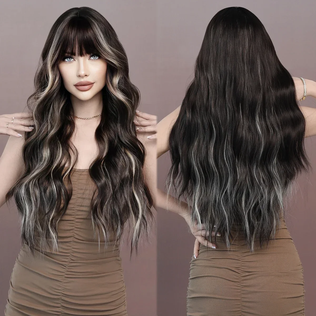 PARK YUN Long Black Wavy Highlight White Wig With Bangs For Women Daily Party High Density Hair Ombre Wigs Heat Resistant Fiber