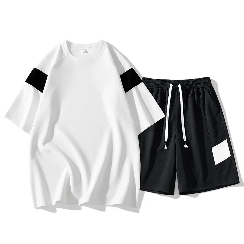 

Summer 2024 New Men's Casual Wide Leg Short Sleeve Shorts Youth Fashion Versatile Loose Ice Silk Sports Two Piece Set