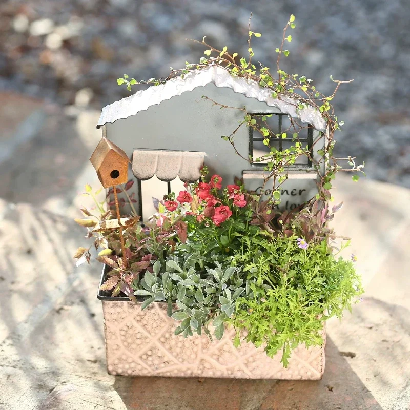 Pink Retro Small House Appearance Flowerpot Home Balcony Groceries Decoration Courtyard Garden Horticultural Cultivation Basin