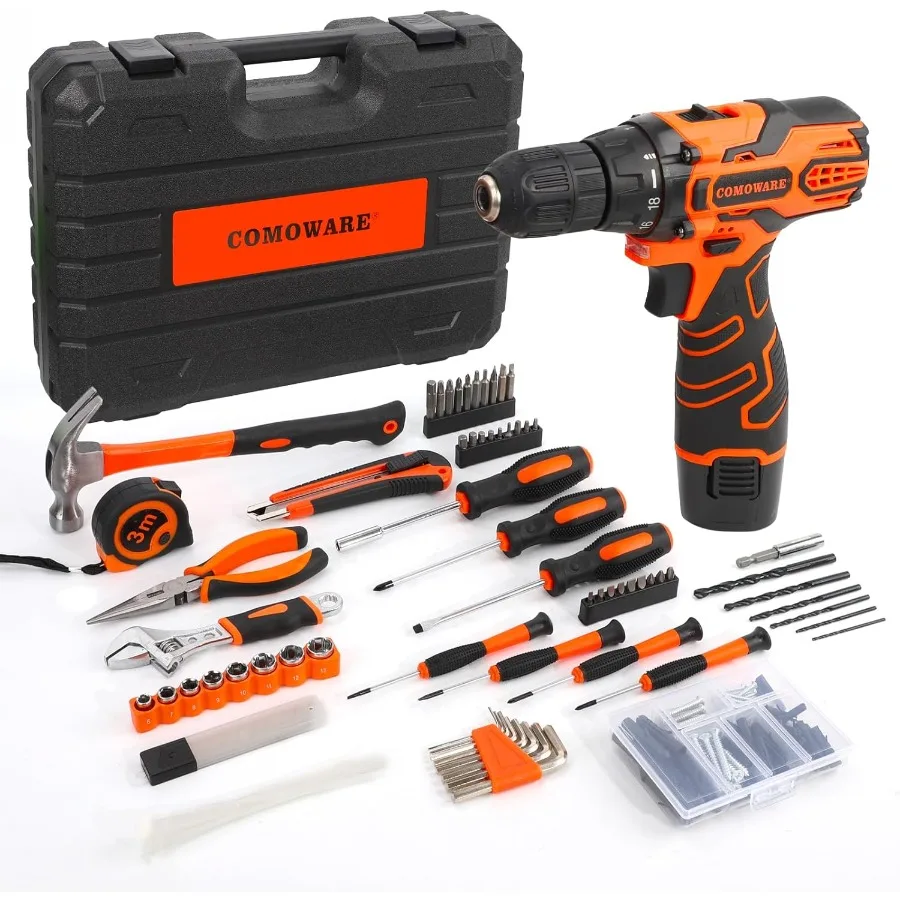 

COMOWARE 195 шт. домашний набор инструментов с аккумуляторной дрелью 12 В для обслуживания и ремонта своими руками, комплексный набор инструментов с хранилищем