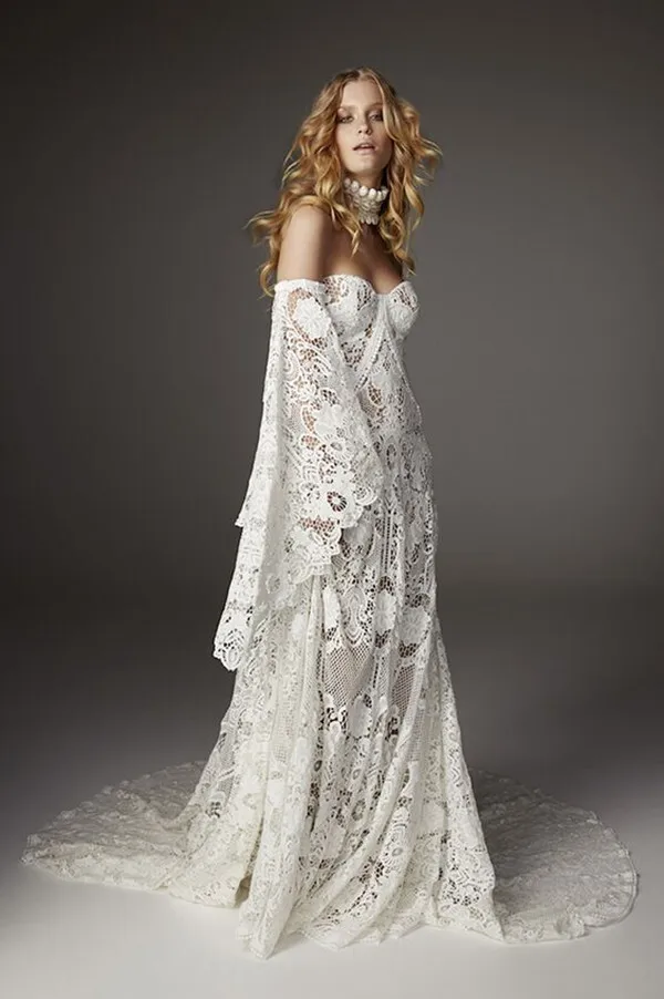 

Vintage Cotton Bohemian Wedding Dresses With Remove Long Sleeve Crochet Lace Country Hippie Bridal Gown Outfit
