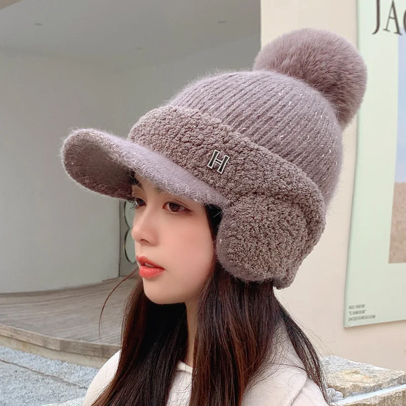 CNTANG Winter Women Ear Protection Baseball Cap Letters Thickened Fur Ball Caps Fashion Knitting Warm Ladies Duck Tongue Hat