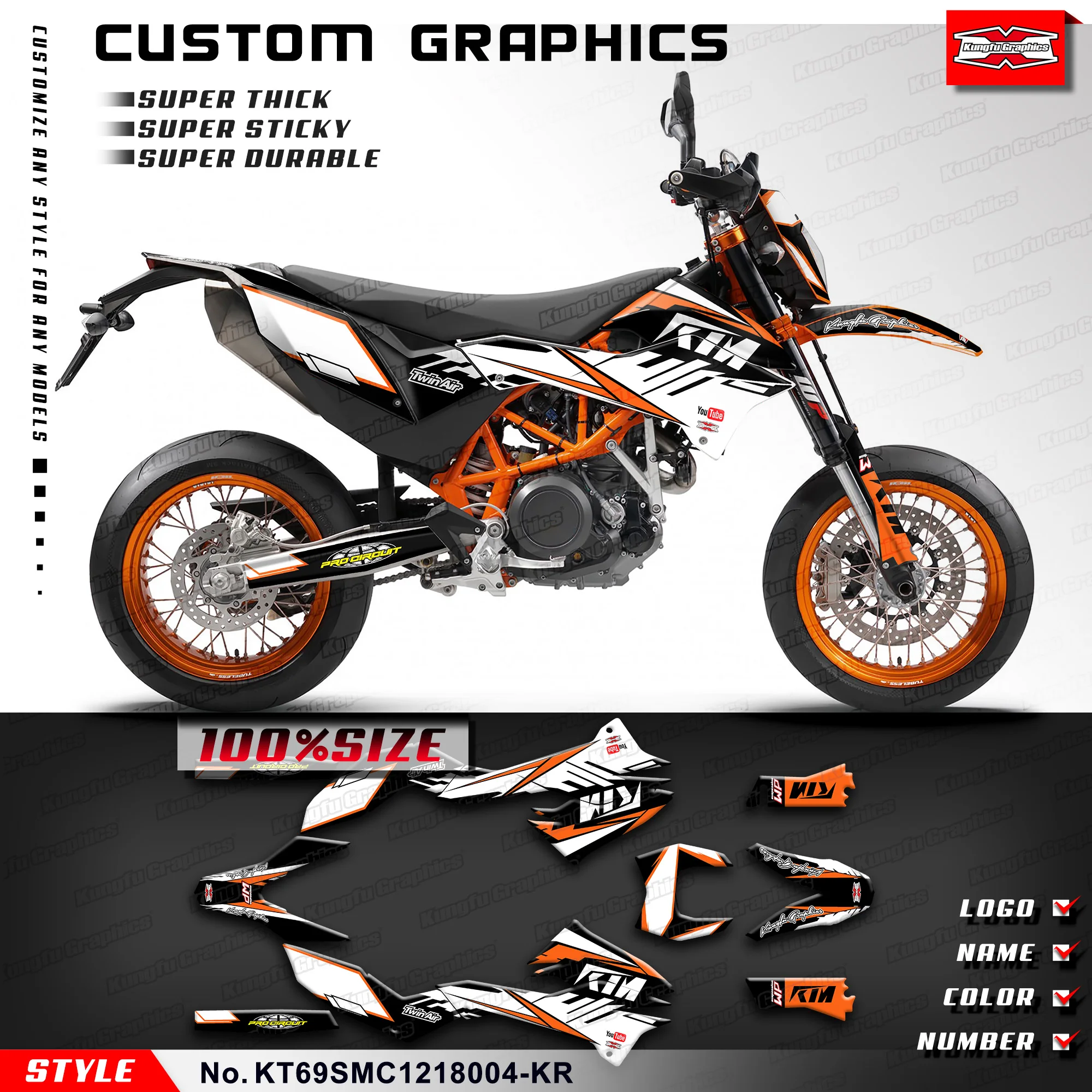 KUNGFU GRAPHICS Motorcycle Graphics Stickers Set for KTM 690 SMC-R 690 SMC R 2012 2013 2014 2015 16 17 18, KT69SMC1218004-KR