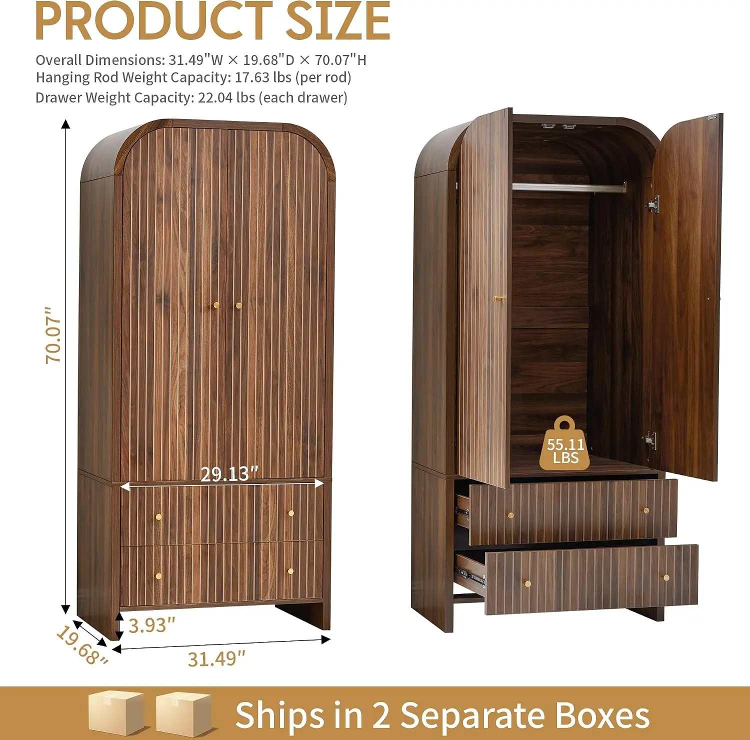 Arched Armoire Wardrobe Closet, 2‑Door Freestanding Clothing Storage Cabinet with Hanging Rod and 2 Drawers, Fluted Carved Wardrobe for Bedroom, Walnut