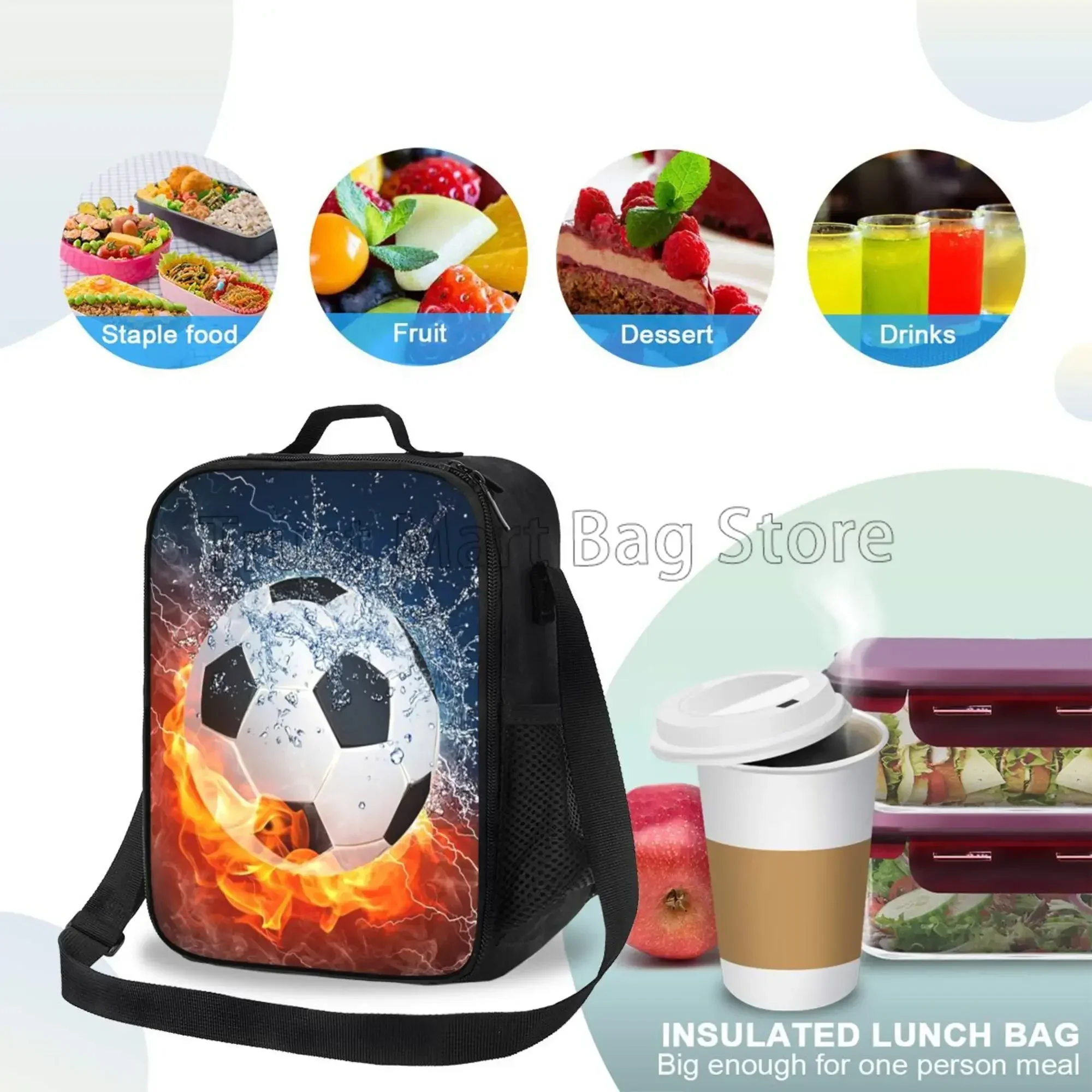 Soccer Ball Insulated Lunch Bag for Women Men Football Reusable Lunch Box for Office Work School Picnic Beach Cooler Tote Bags