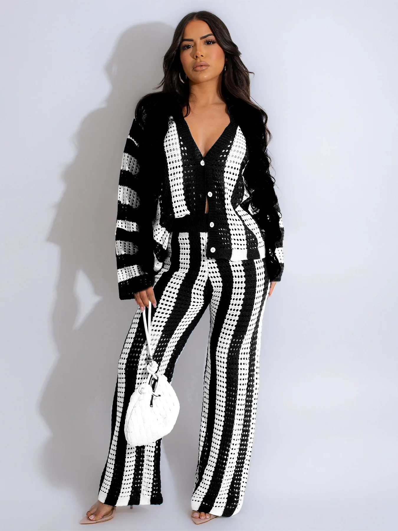 بدلة محبوكة من قطعتين للنساء ، أكمام طويلة ، توب برقبة على شكل حرف V ، سروال بساق واسعة ، ملابس مريحة للسيدات ، جديدة الخريف