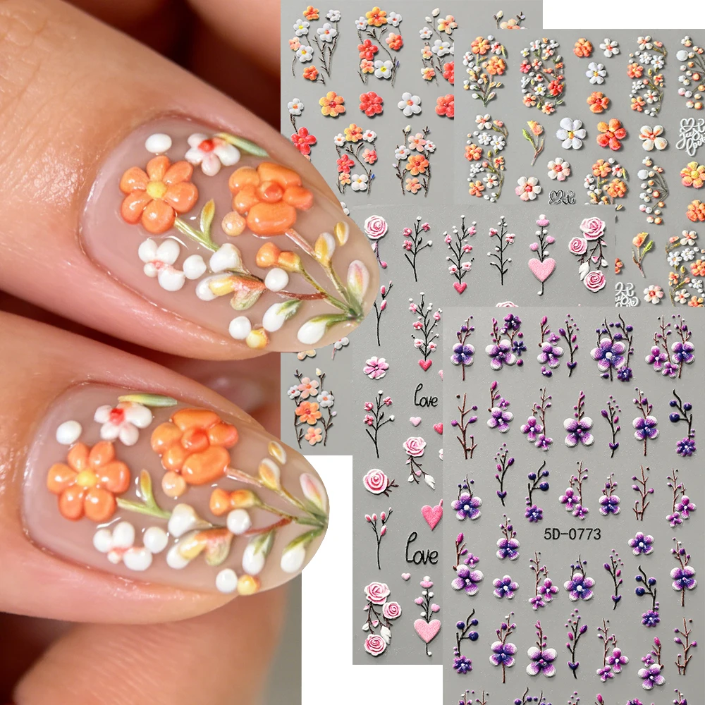 1/4pcs 5D Colorful Spring Flowers Embossed Nail Stickers Kawaii Orange Purple Pink Heart Bouquet Nail Decals Self-Adhesive Suppl