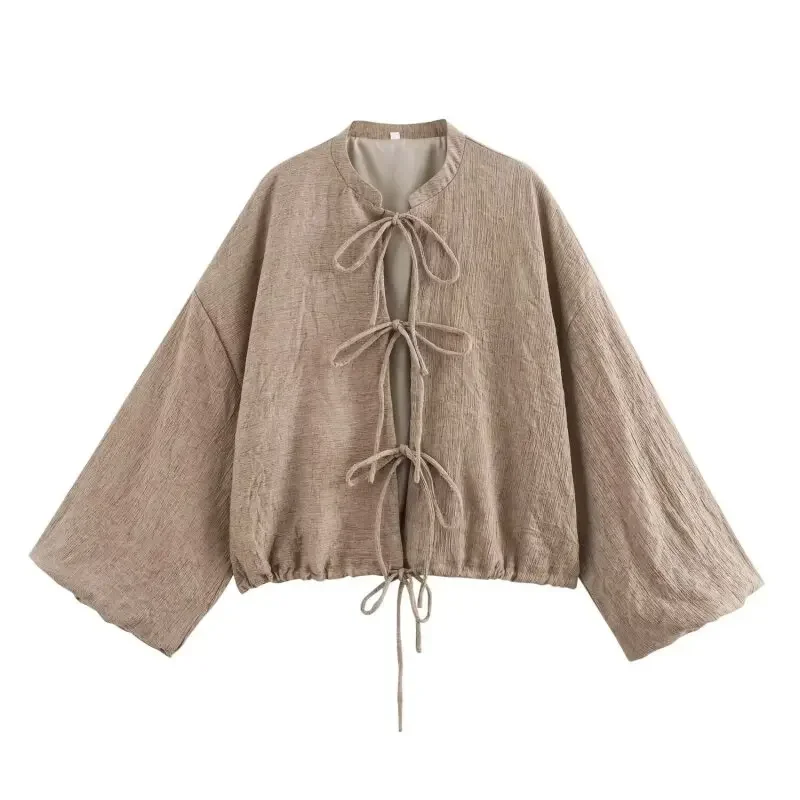 Autumn O-Neck Woman Cardigan Casual Bow Sexy Coat Women's Clothing Loose Long Sleeves Soft Lantern Sleeve Female Tops