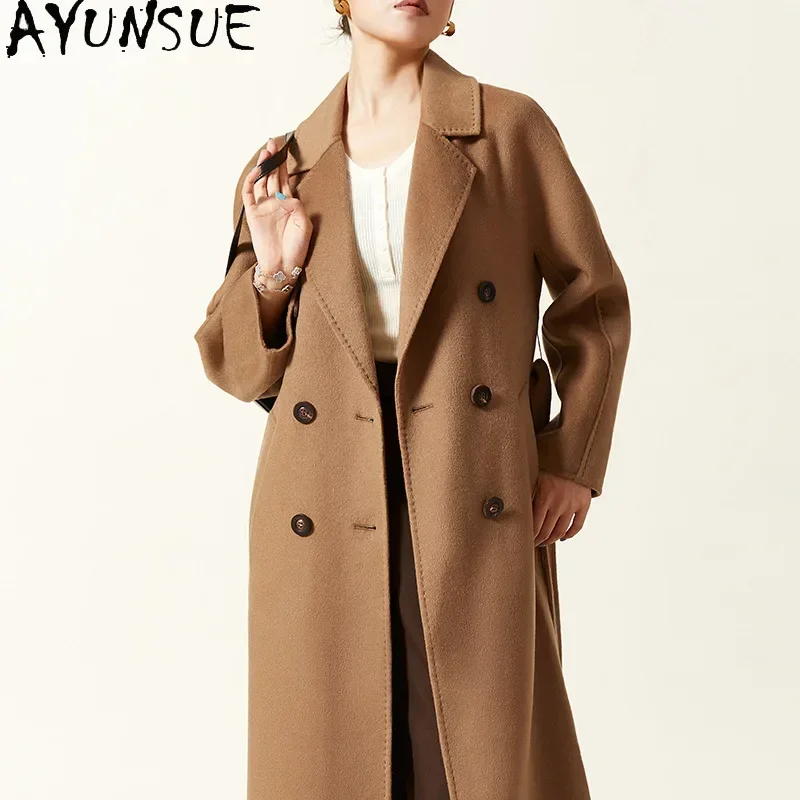 AYUNSUE 100% Cashmere Coat Women Luxury Long Coats Woman 2024 Autumn Winter Fashion Clothes High Quality Jacket Пальто Женское