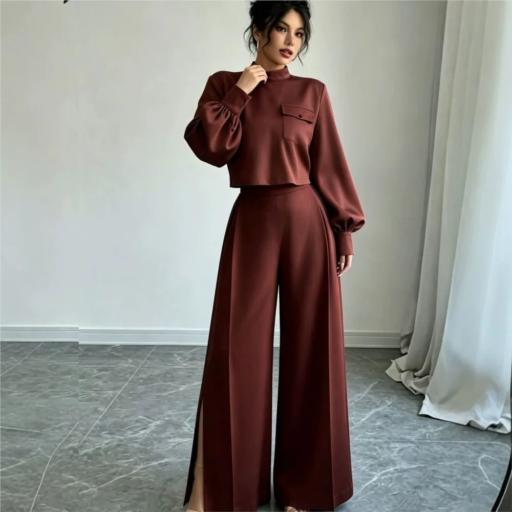 Elegant Women's Solid Two Pieces Sets Autumn Half High Collar Long Sleeve Short Top + Side Slit Wide Leg Pants Casual Loose Set