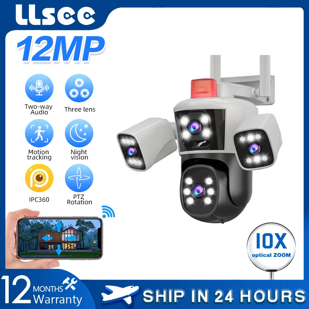 LLSEE 12MP,8K, WiFi surveillance camera,4 lenses,10x zoom,CCTV outdoor WiFi camera,IP camera,PTZ security protection