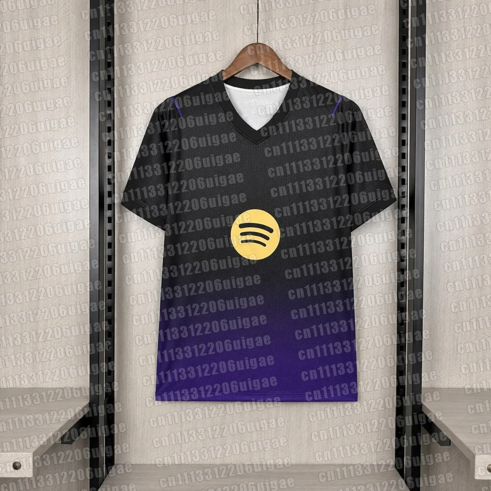 Camiseta de Fútbol para Hombre, Color Negro con Degradado Morado, Estilo Barce, Manga Corta, Cuello en V, para Entrenamiento, Secado Rápido, Transpirable