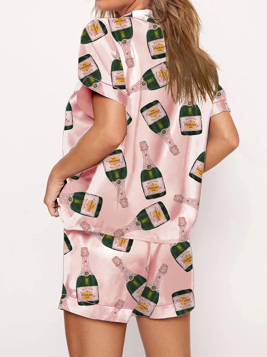 Champagne Bottle Pj Set For Women Y2k 2 Piece Satin Short Set Graphic Print Silk Short Set Matching Lounge Set Vacation Outfits