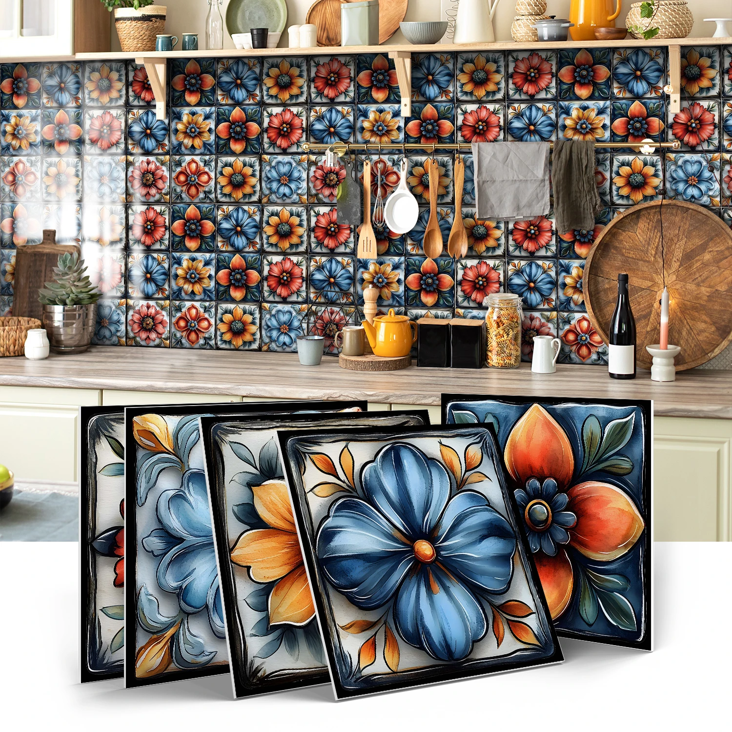 

Peel and Stick Tile Stickers 15cm Waterproof Self Adhesive Wall Decals Retro Floral Art for Kitchen Bathroom Backsplash, 12 Pcs