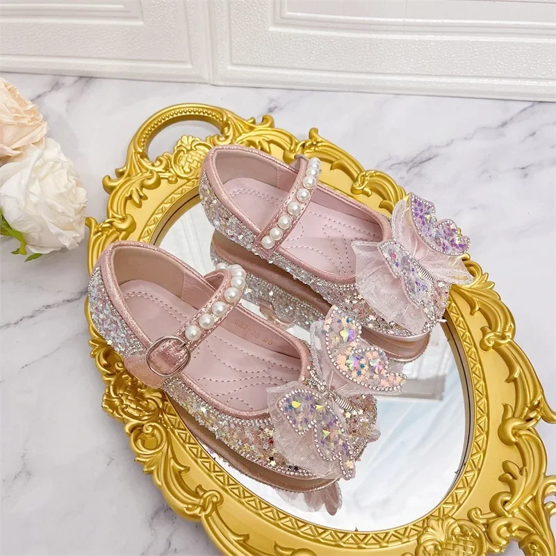

2025 New Female Baby Square Mouth Shoes Butterfly Knot Water Diamond Shining Princess Shoes for Girls Pink Small Leather Shoes