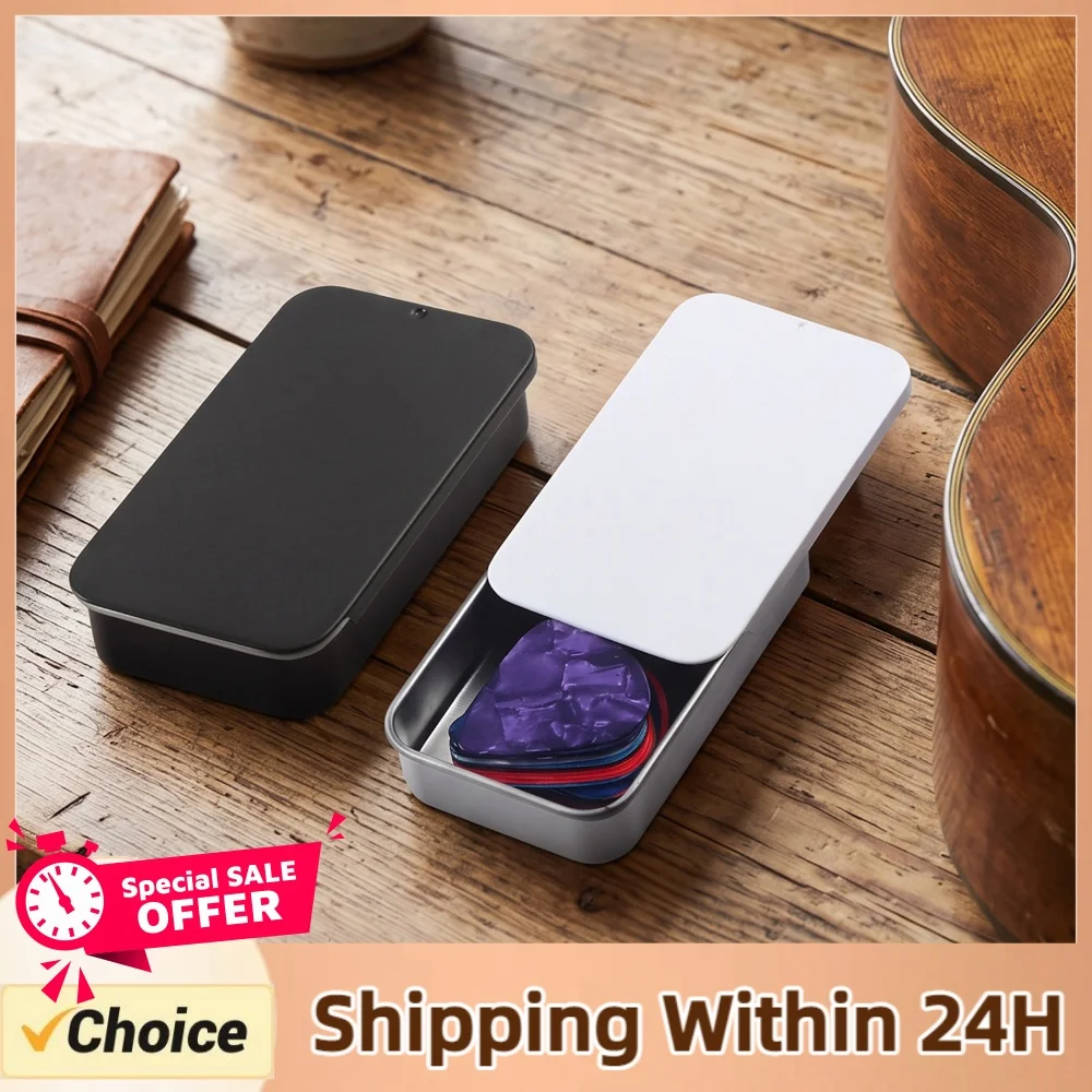 Slide Open Metal Guitar Pick Tin Box 2 Pack Pick Organizer Holds 30 Picks 5 Celluloid 0.7mm Picks for Guitar Players