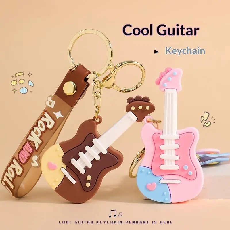 Niedlicher Cartoon-Gitarren-Schlüsselanhänger aus Silikon mit Handschlaufe, Pastell-Design für Taschendekoration, Geschenk für Musikliebhaber – Detail 4