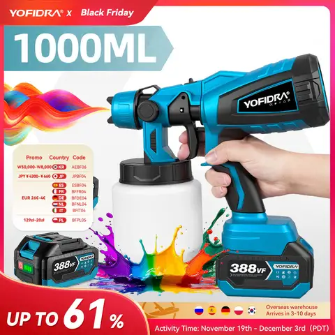 YOFIDRA 1000ML 전기 스프레이 건 강력 휴대용 페인트 분무기 무선 가구 코팅 에어브러시 마키타 18V 배터리 핀용