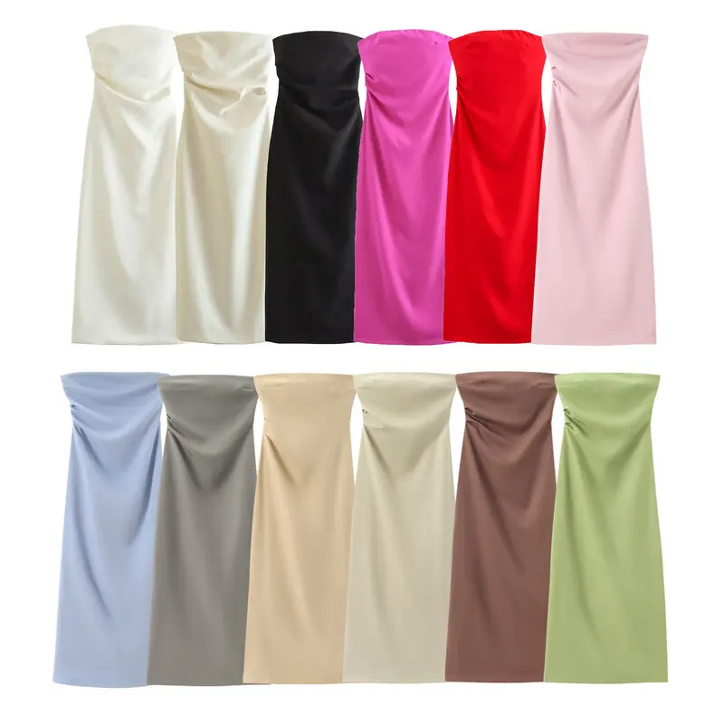 우아한 미디 길이 튜브 드레스 여름 신상 여성 패션 슬림 스트랩리스 가운 원피스 세련된 스타일 민소매 원숄더