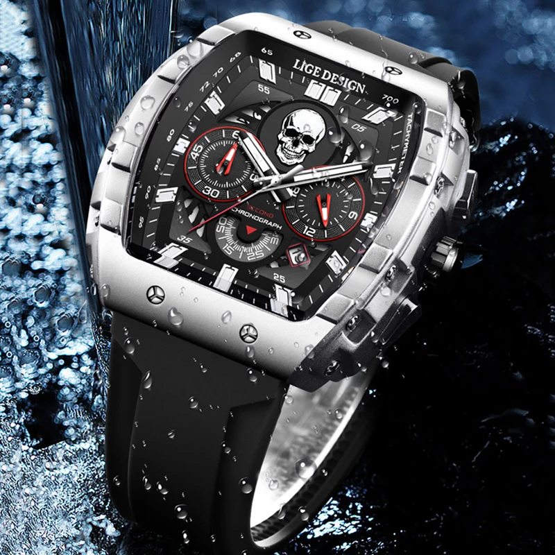 LIGE Top Luxury Brand Quartz Watch Men Silicone Strap Military Watches 30ATM Waterproof Chronograph Wristwatch Montre Homme+BOX