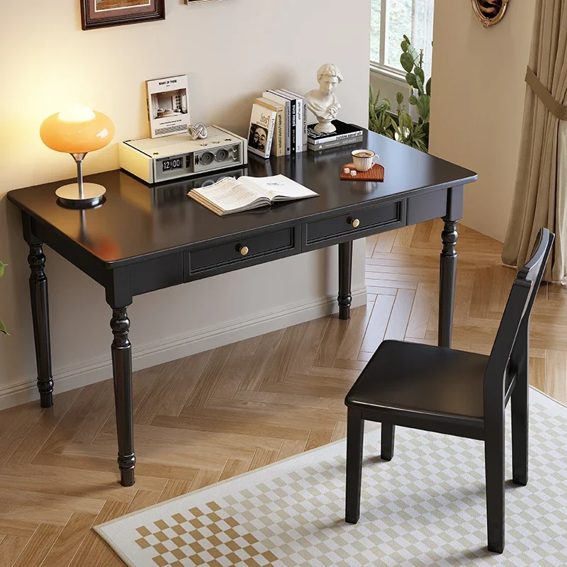 Scrivania nera interamente in legno massello Camera da letto americana per studio domestico Tavolo da scrittura per scrivania per computer retrò francese europeo per piccoli appartamenti