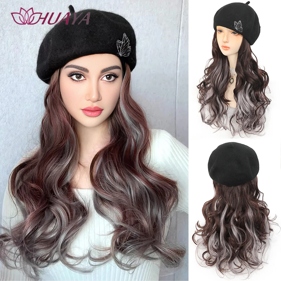 Hat Wig One Autumn And Winter Fashion Beret Long Wavy Mixed Hair Heat-resistant Synthetic Chemical Fiber Wigs for Women Cap Hair