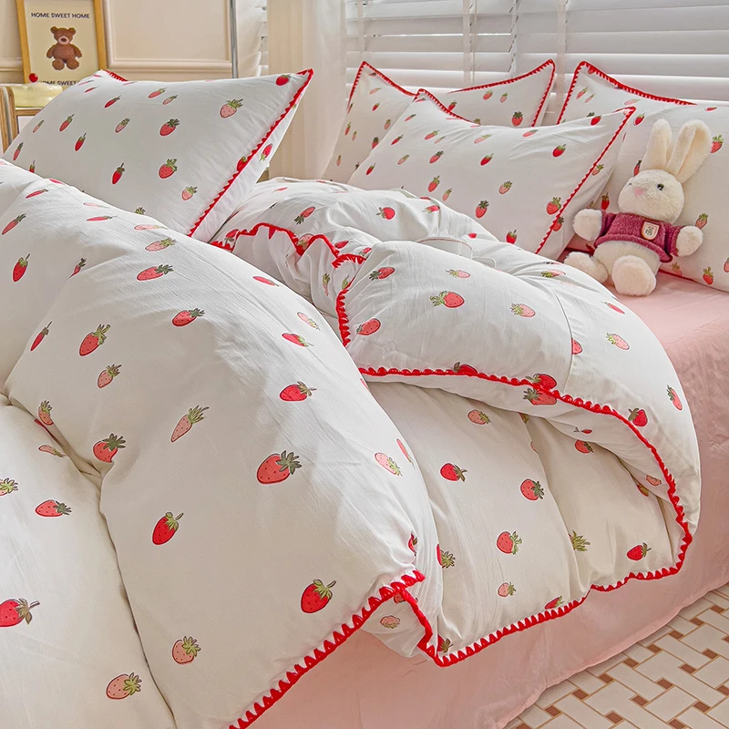 

Cute Strawberry Duvet Cover Cartoon Pink Comforter Covers Kawaii Bedding Set Soft Washed Cotton for Girls Women Bedclothes