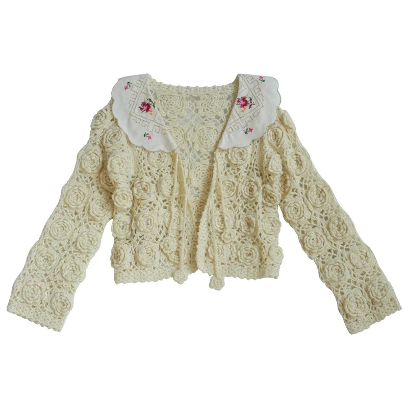 102cm Bust SpringFall Knitted Cardigans Women Elegant Antique Embroidered Collar Hollow Out Handmade Crochet Flower Wool Sweater