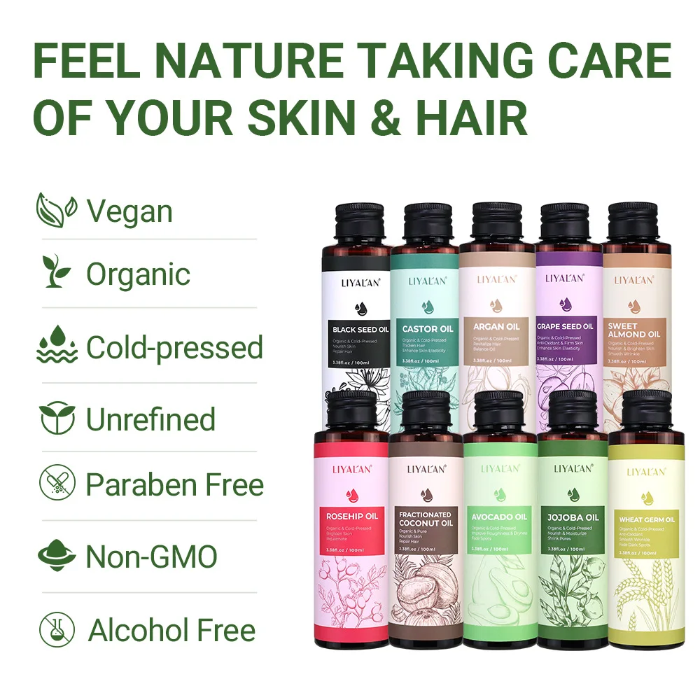 新しいココナッツマッサージオイル、ホホバヘアマッサージケアオイル、アーモンド、グレープ、ローズヒップ、アボカド、キャリアオイル、ブラックシード、小麦胚芽、ボディスキンケア