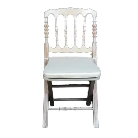 도매 파티 렌탈 휴대용 목재 라임워시 골드 실버 화이트 목재 접이식 나폴레옹 접이식 의자, 이벤트용 웨딩 의자