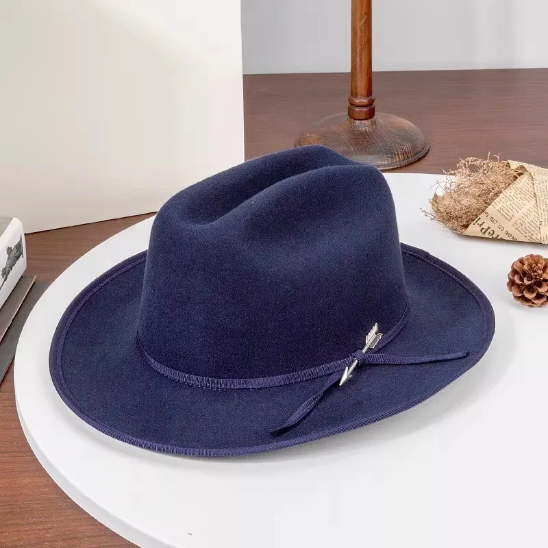 Open Road Hat, 7cm Brim Fedora Hat ,Adjustable 57cm Wool Tweed Cap, Single-Top Brimmed Cowboy Hat