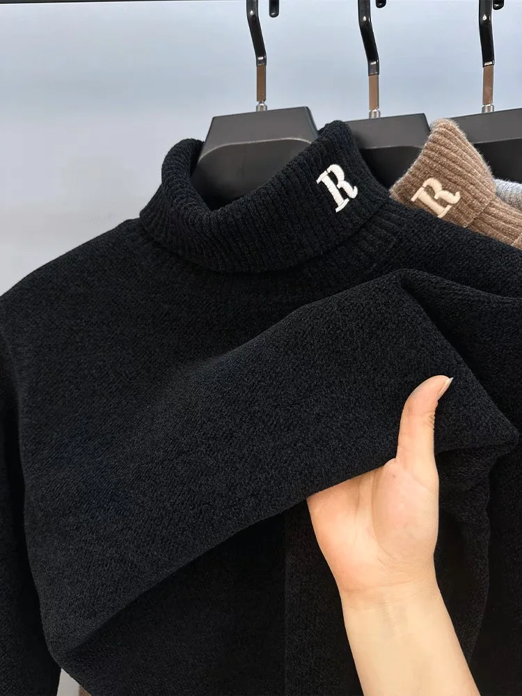 

High end brand men's high neck sweater winter new fashion R letter embroidery Korean youth casual warm thick knitted pullover