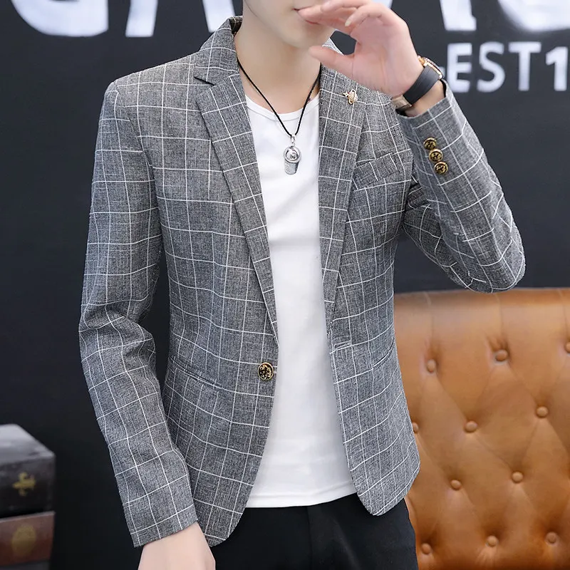

Slim Fit Casual Korean Sle Men's Suit Jaet Youthful Personali Student Western Clothes Outerwear Trendy Long Sve Chec...