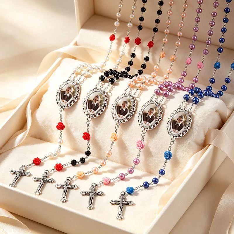 Custom Photo Catholic Rosary Necklace, Multicolour Pearl Beads, Personalised Keepsake Photo Religious Jewellery, Baptism Gift