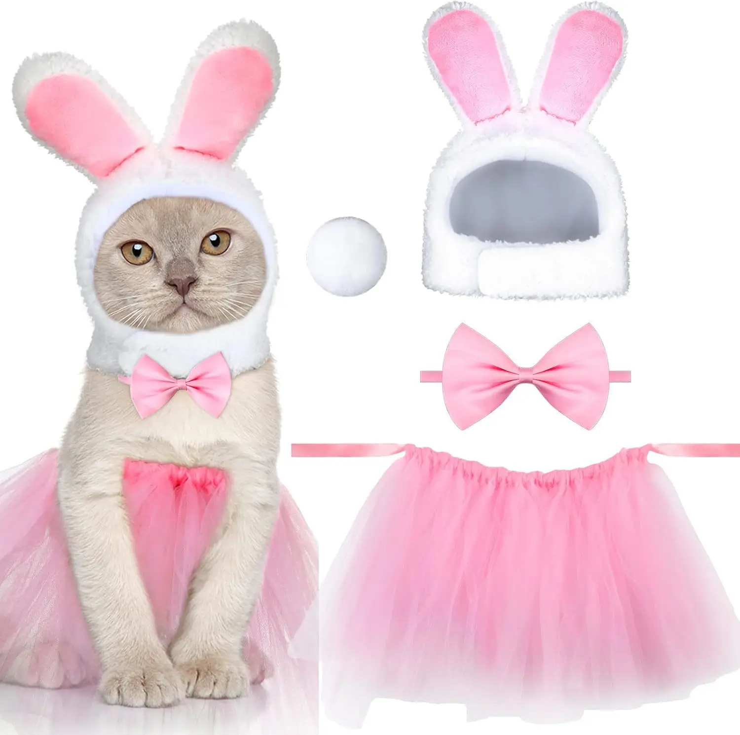 4 Pcs Bunny Costume Set for Cat Small Dog - Rabbit Hat with Ears, Pet Headband, Lace Tutu Skirt with Tail and Bow for Easter Par