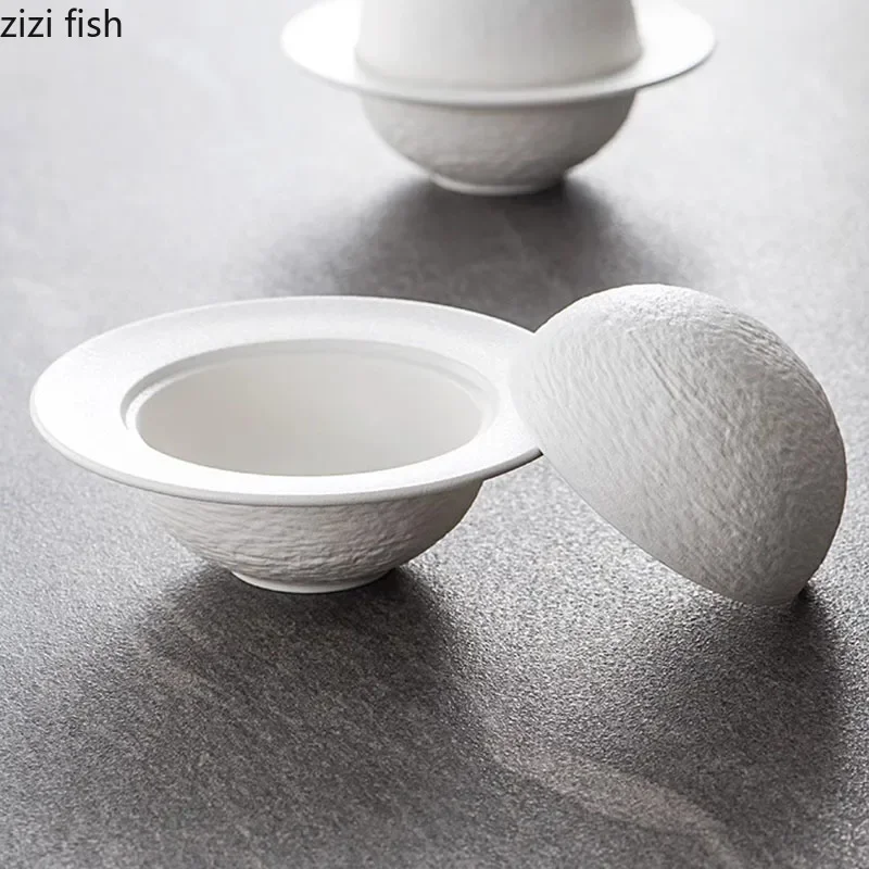 Solid Color Rock Texture Ceramic Bowl with Lid Dessert Bowl Thick Soup Bowl Steamed Egg Bowls Restaurant Creative Tableware